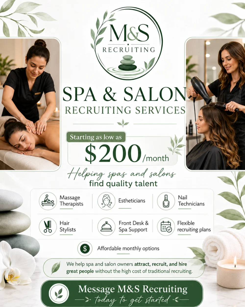 M&S Recruiting spa and salon recruiting services flyer: starting as low as $200 per month